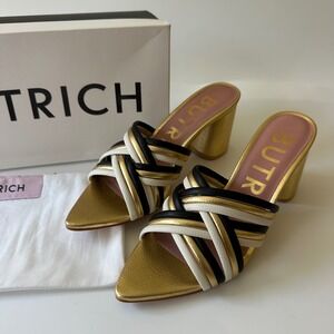 NEW Butrich Alessia Pump Gold Black White Strappy Block Heel Mules size 38